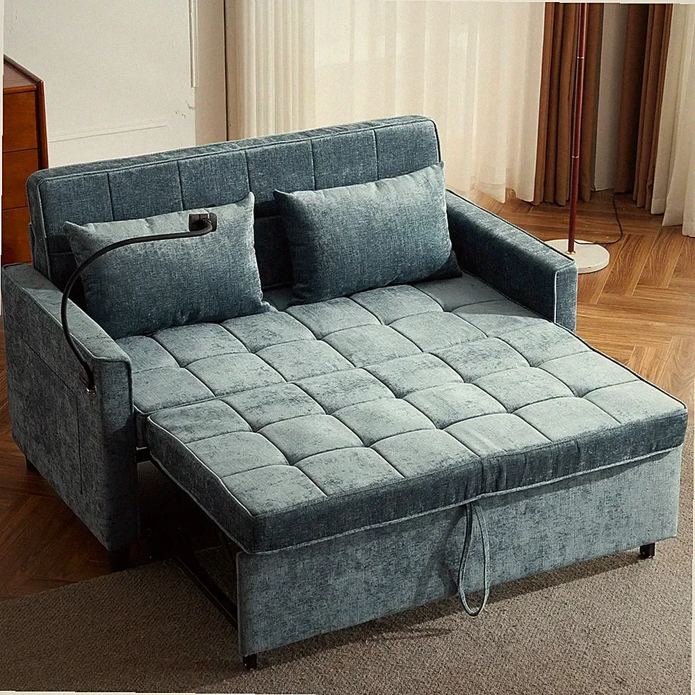 56.9" Convertible Sofa Bed, Chenille Loveseat Pull-Out Sleeper Sofa, Futon USB