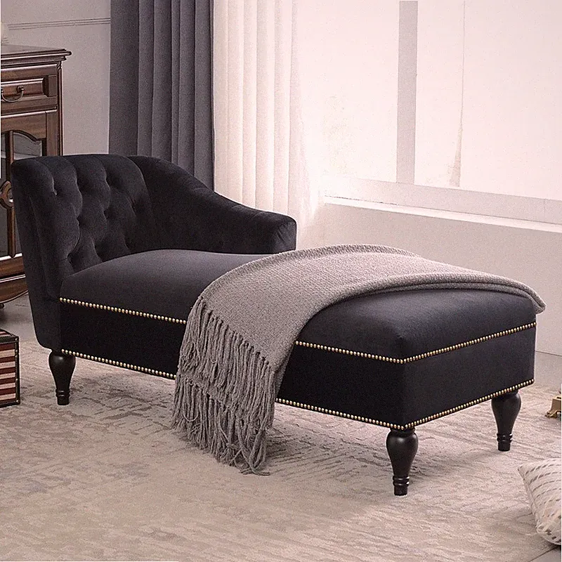 58'' Velvet Chaise Lounge Button Tufted Arm Sleeper Sofa Chair w/Solid Wood Legs