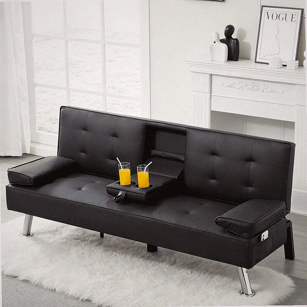 65.35 inch PU Foldable Sofa Bed,Adjustable Recliner Angle W/ 2 Cup Holders