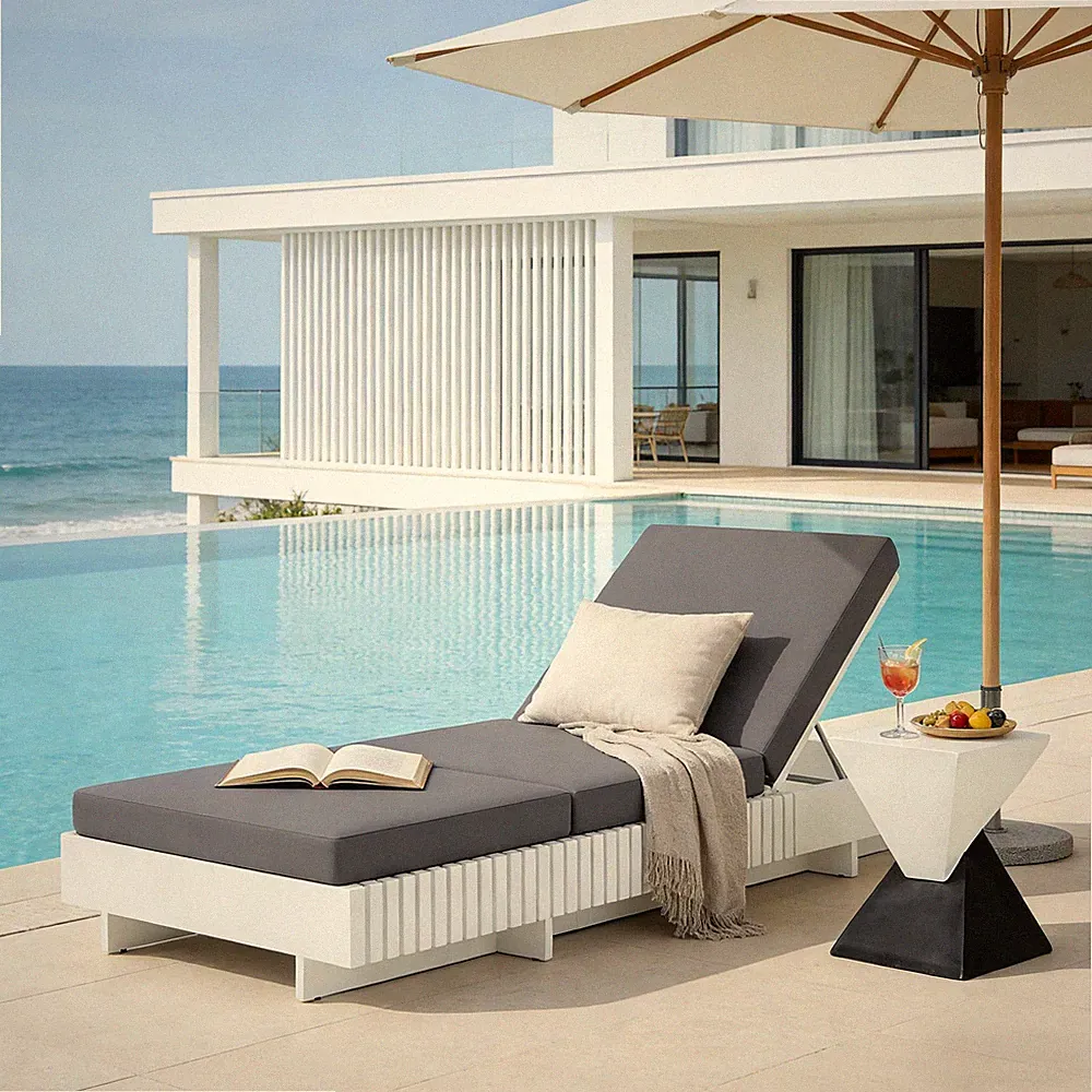 Acacia Wood Chaise Lounge - 6-Position Adjustable Recliner w/ Cushion