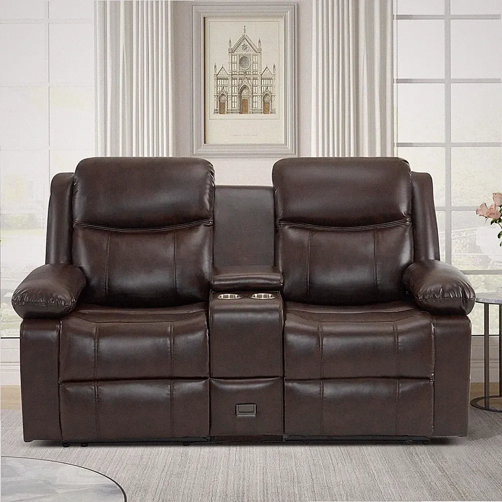 Brown Massage & Heating Reclining Loveseat Sofa with Console for Living Room