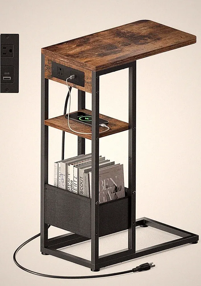 C Shaped End Table with Charging Station, Small Side Table for Couch Recliner...