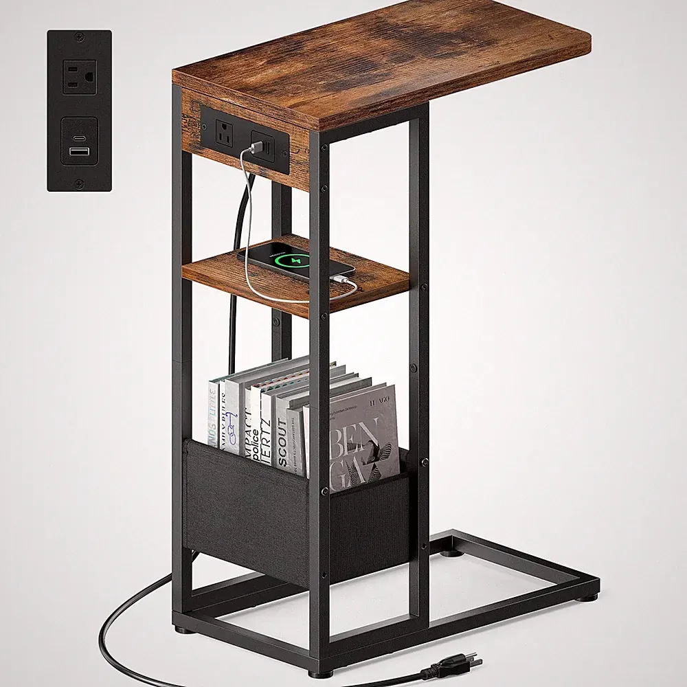 C Shaped End Table with Charging Station, Small Side Table for Couch Recliner, S