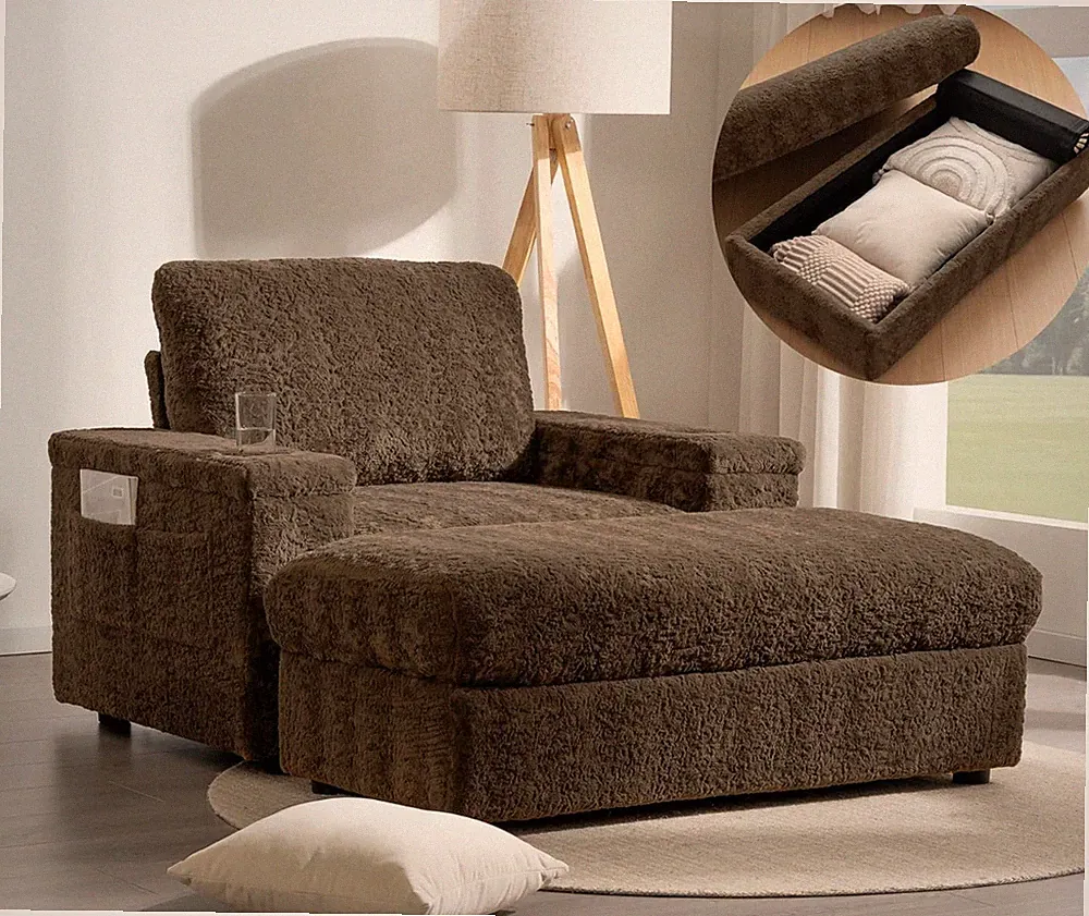 Cozy Oversized Sleeper Chair with Storage Ottoman & Cup Holders, Brown