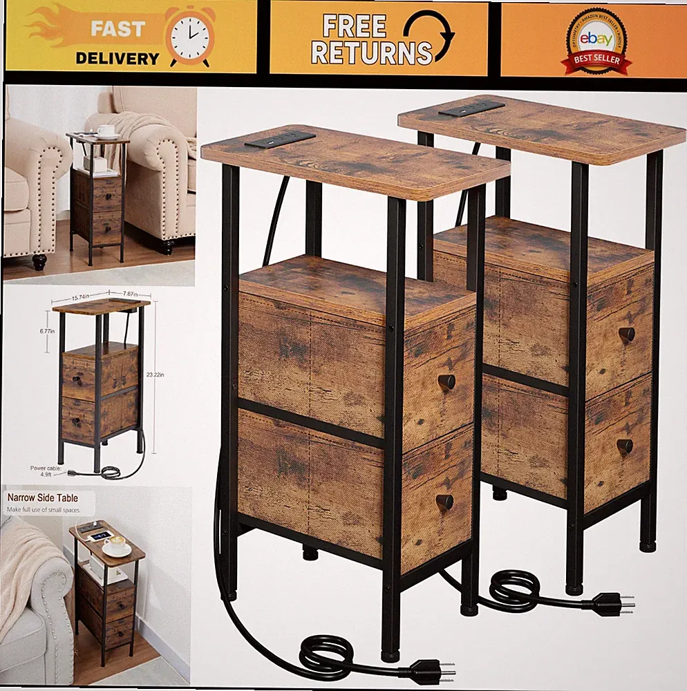 Narrow Nightstand Set of 2 with Charging Station, Slim Side Tables for Small Spa
