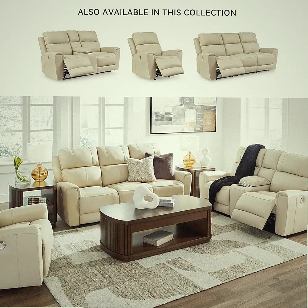 Pemberly Row Contemporary Leather Beige Power Reclining Loveseat with Console