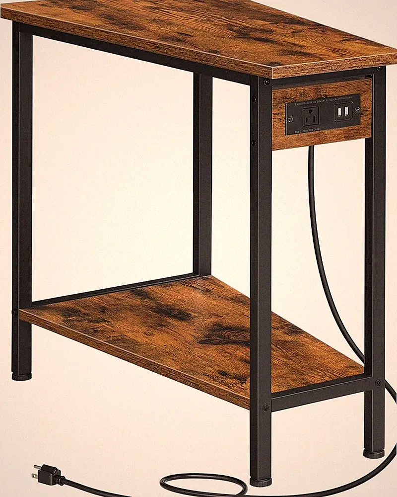 Rustic Wedge End Table with Charging Station & Open Storage for Small Spaces