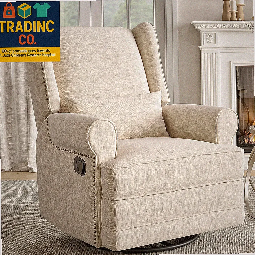Swivel Recliner Chair with Extra Large Footrest, Comfy Upholstered Glider Rockin